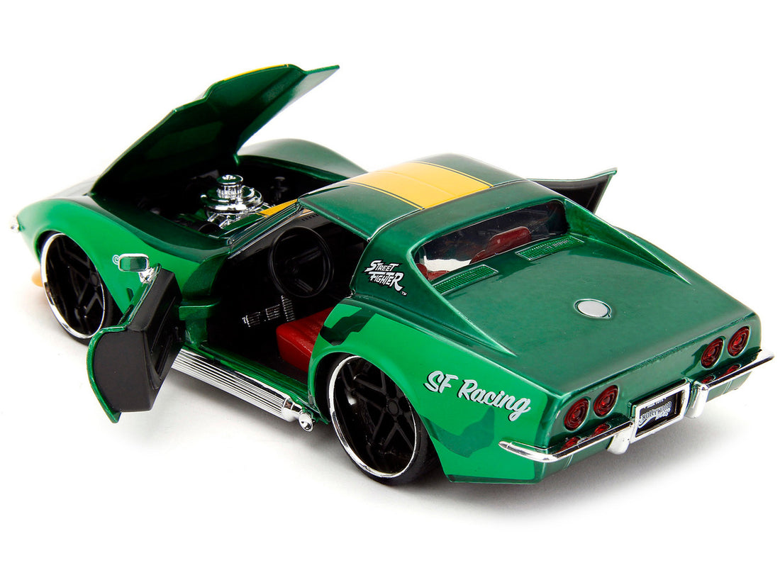 1969 Chevrolet Corvette Stingray ZL1 Green Metallic with Yellow Stripes and Cammy Diecast Figure "Street Fighter" Video Game "Anime Hollywood Rides" Series 1/24 Diecast Model Car by Jada-2