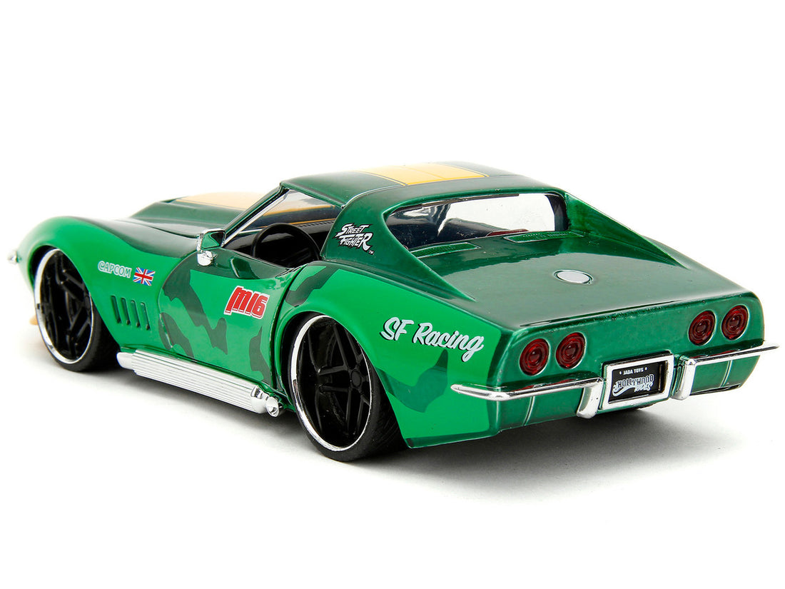 1969 Chevrolet Corvette Stingray ZL1 Green Metallic with Yellow Stripes and Cammy Diecast Figure "Street Fighter" Video Game "Anime Hollywood Rides" Series 1/24 Diecast Model Car by Jada-3