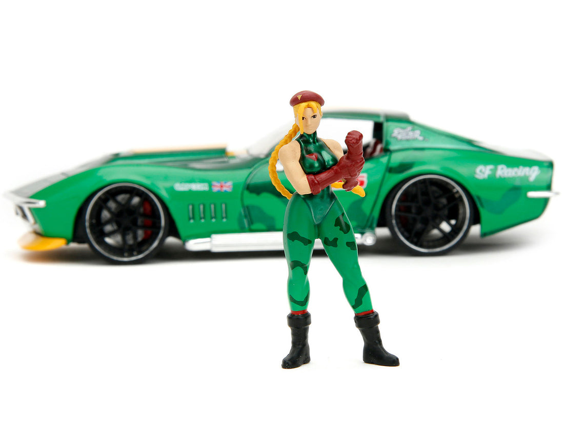 1969 Chevrolet Corvette Stingray ZL1 Green Metallic with Yellow Stripes and Cammy Diecast Figure "Street Fighter" Video Game "Anime Hollywood Rides" Series 1/24 Diecast Model Car by Jada-4