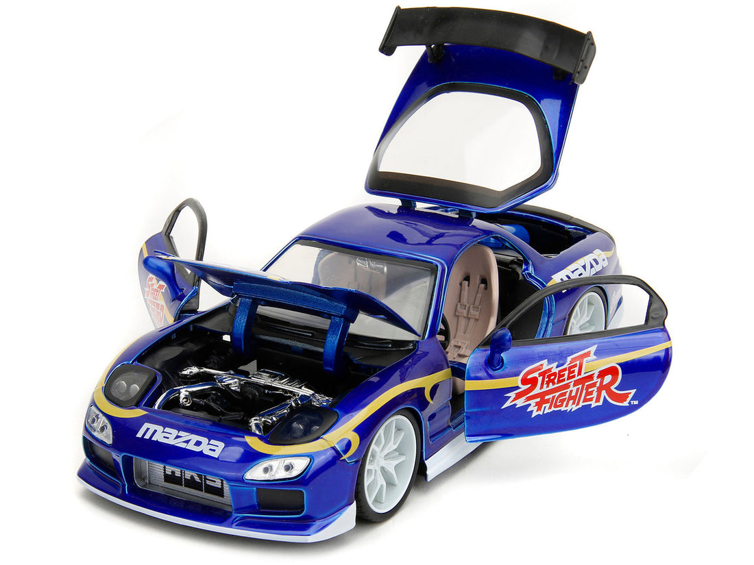 1993 Mazda RX-7 Candy Blue Metallic with Graphics and Chun-Li Diecast Figure "Street Fighter" Video Game "Anime Hollywood Rides" Series 1/24 Diecast Model Car by Jada-1