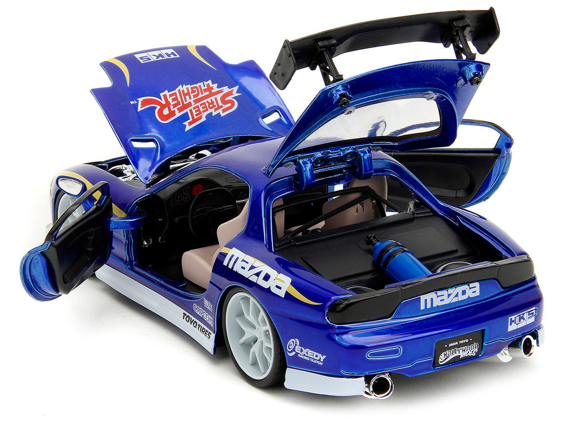 1993 Mazda RX-7 Candy Blue Metallic with Graphics and Chun-Li Diecast Figure "Street Fighter" Video Game "Anime Hollywood Rides" Series 1/24 Diecast Model Car by Jada-2