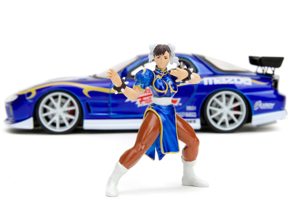 1993 Mazda RX-7 Candy Blue Metallic with Graphics and Chun-Li Diecast Figure "Street Fighter" Video Game "Anime Hollywood Rides" Series 1/24 Diecast Model Car by Jada-4