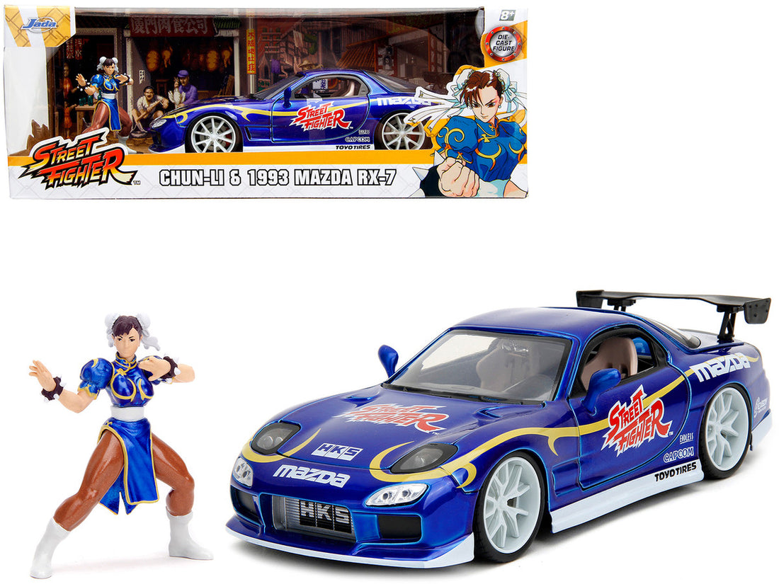 1993 Mazda RX-7 Candy Blue Metallic with Graphics and Chun-Li Diecast Figure "Street Fighter" Video Game "Anime Hollywood Rides" Series 1/24 Diecast Model Car by Jada-0