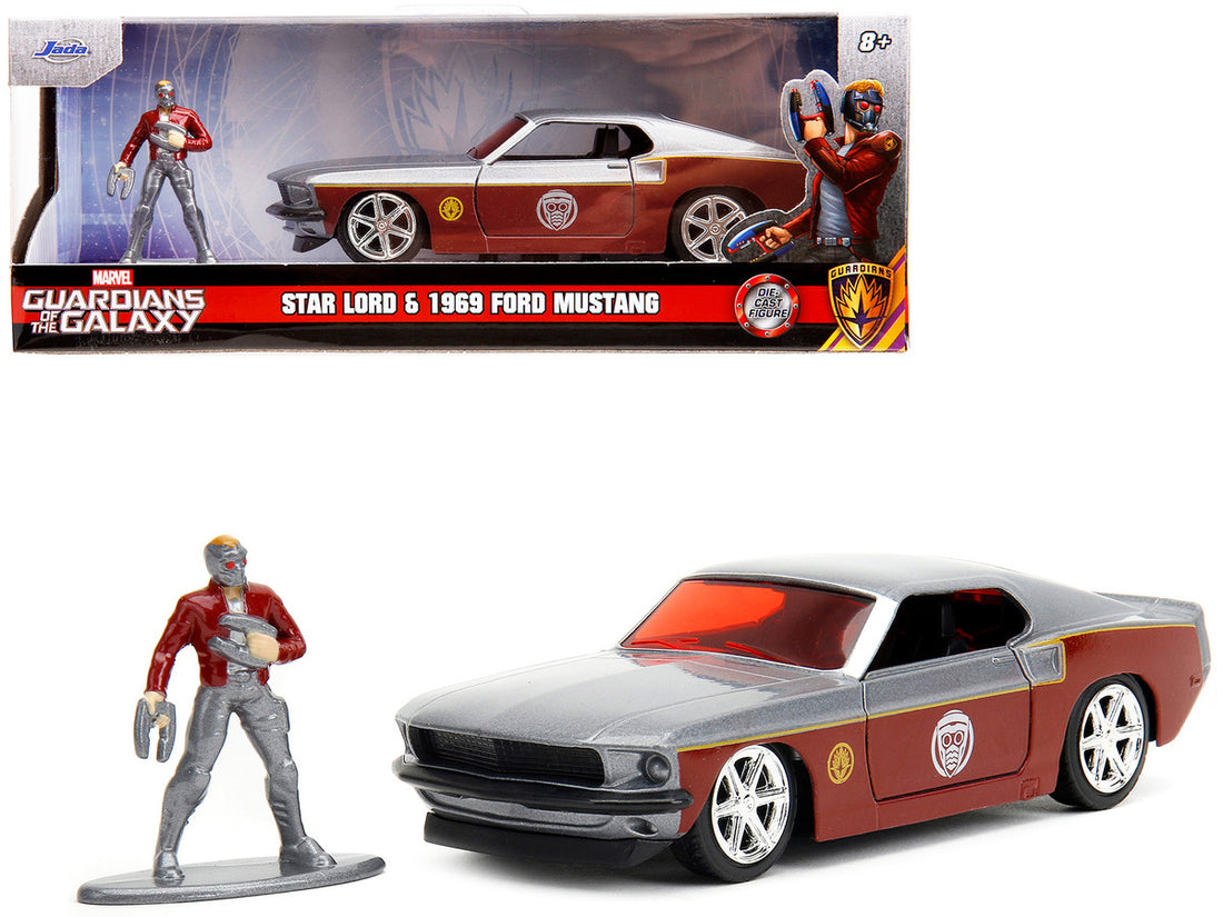 1969 Ford Mustang Silver Metallic and Dark Red and Star Lord Diecast Figure "Marvel Guardians of the Galaxy" "Hollywood Rides" Series 1/32 Diecast Model Car by Jada-0