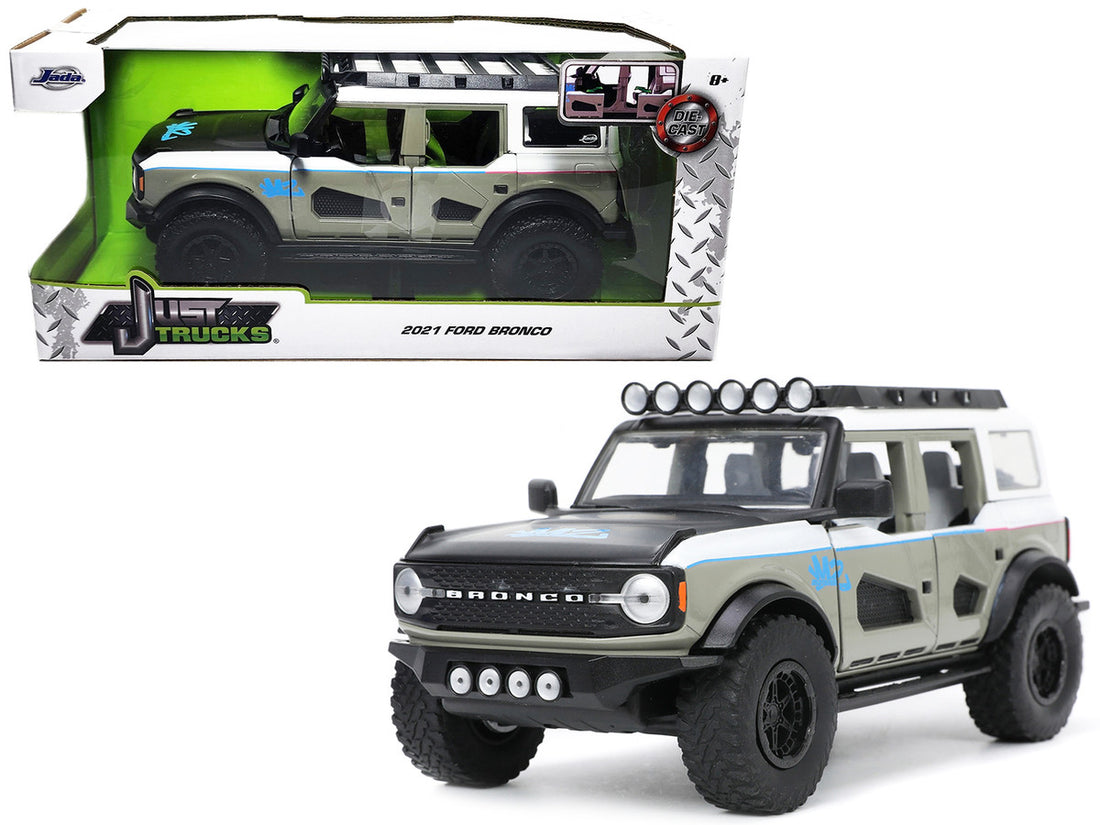 2021 Ford Bronco Gray and White with Matt Black Hood with Roof Rack "M2 Motoring" "Just Trucks" Series 1/24 Diecast Model Car by Jada-0