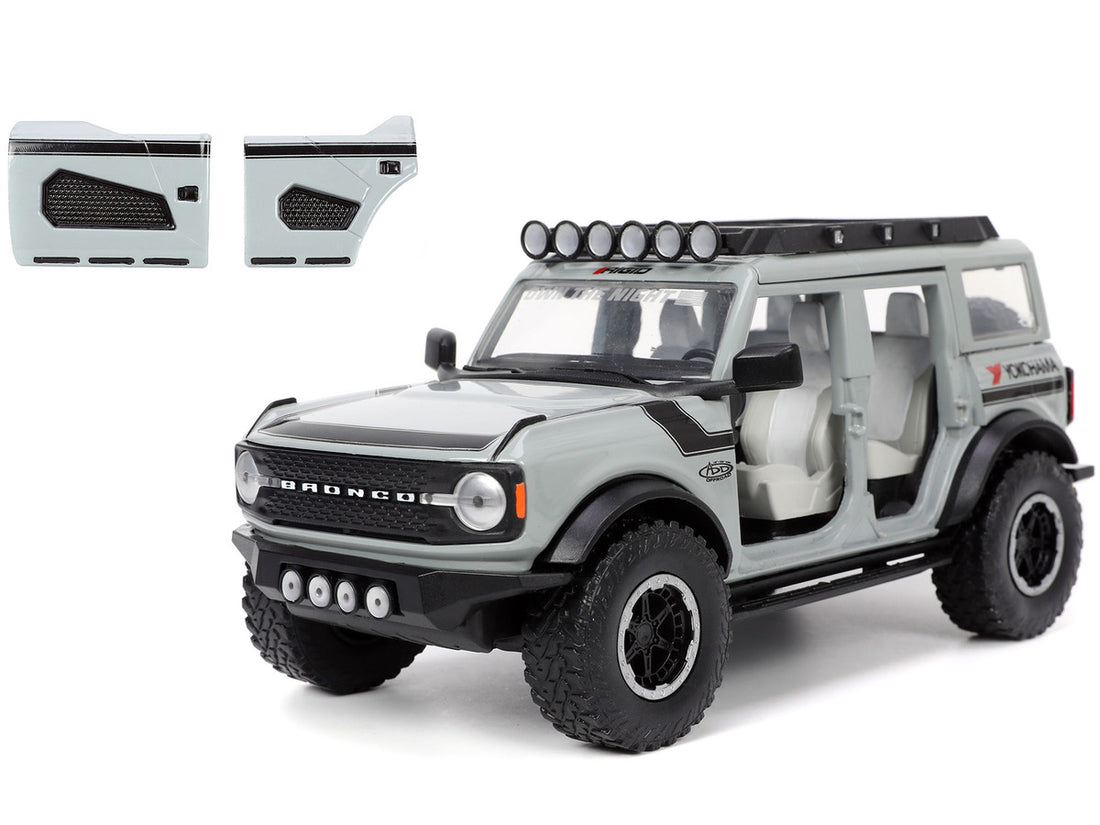 2021 Ford Bronco Gray with Black Stripes with Roof Rack "Own the Night" "Just Trucks" Series 1/24 Diecast Model Car by Jada-1