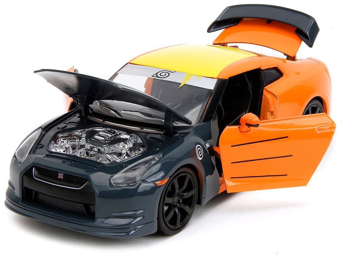 2009 Nissan GT-R (R35) Orange and Dark Gray with Yellow Top and Graphics and Naruto Diecast Figure "Naruto Shippuden" (2009-2017) TV Series "Anime Hollywood Rides" Series 1/24 Diecast Model Car by Jada-1