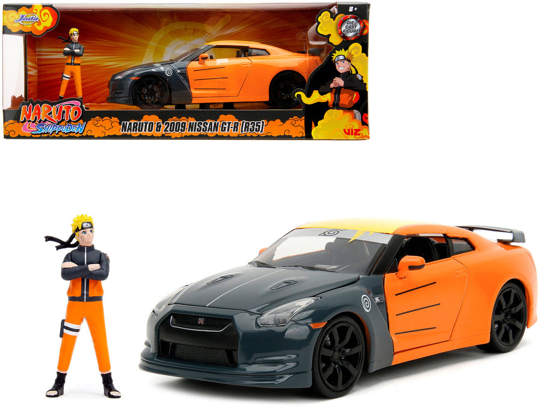 2009 Nissan GT-R (R35) Orange and Dark Gray with Yellow Top and Graphics and Naruto Diecast Figure "Naruto Shippuden" (2009-2017) TV Series "Anime Hollywood Rides" Series 1/24 Diecast Model Car by Jada-0