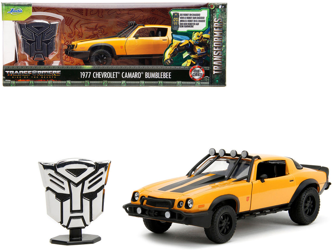 1977 Chevrolet Camaro Off-Road Version "Bumblebee" Yellow Metallic with Black Stripes and Transformers Logo Diecast Statue "Transformers: Rise of the Beasts" (2023) Movie "Hollywood Rides" Series 1/24 Diecast Model Car by Jada-0