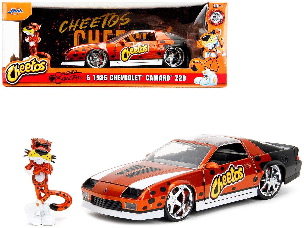1985 Chevrolet Camaro Z/28 Orange Metallic with Graphics and Chester Cheetah Diecast Figure "Cheetos" "Hollywood Rides" Series 1/24 Diecast Model Car by Jada-0
