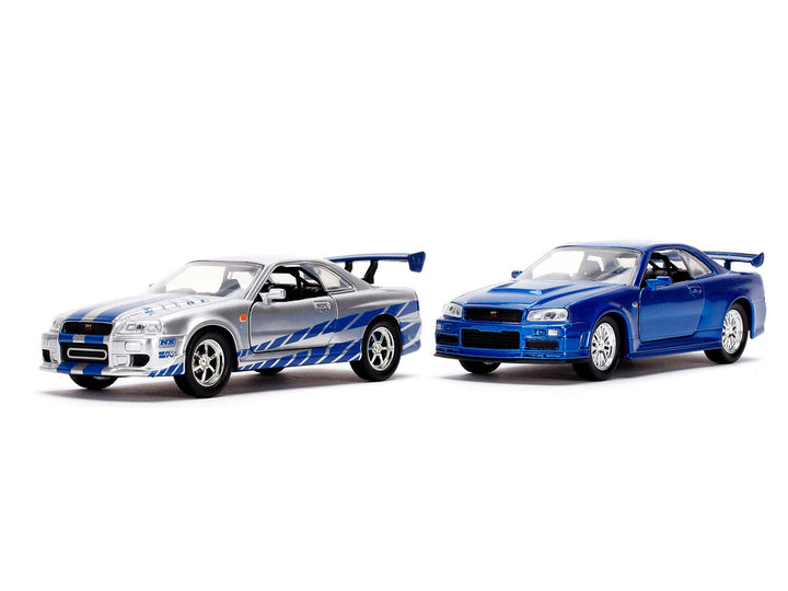 Brian's Nissan Skyline GT-R (BNR34) Silver with Blue Stripes and Nissan GT-R (BNR34) Blue Metallic Set of 2 pieces "25 Years of Fast & Furious" Series 1/32 Diecast Model Cars by Jada 2