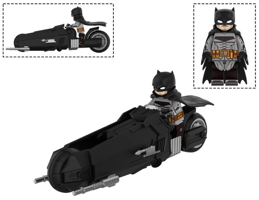 Batman Knight custom minifigure with black cape and armored suit beside black Batcycle-style motorcycle