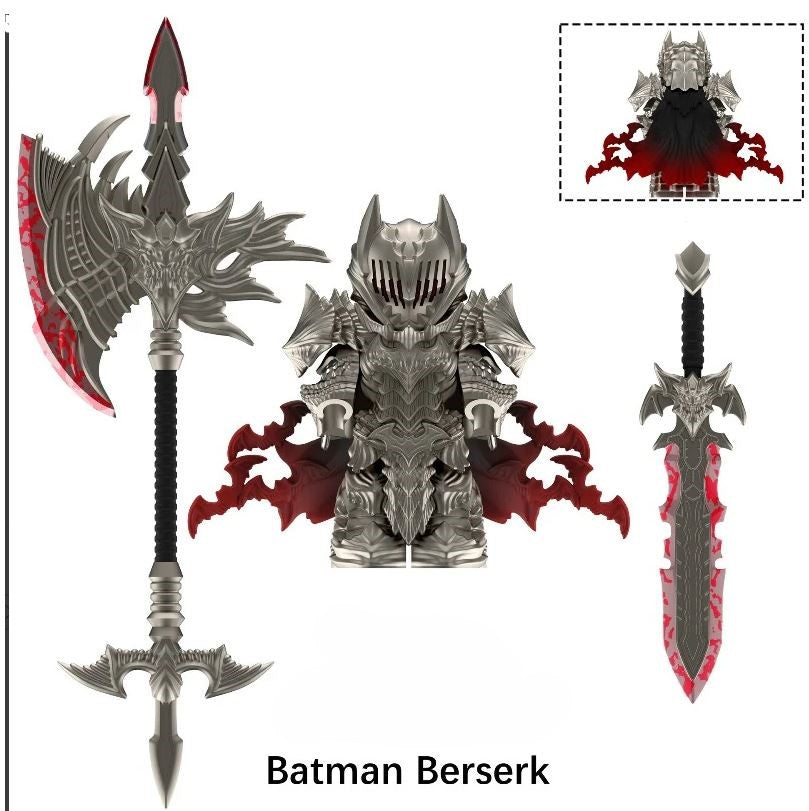 Batman Berserk-style LEGO-compatible custom minifigure with dark armor cape and fantasy weapons