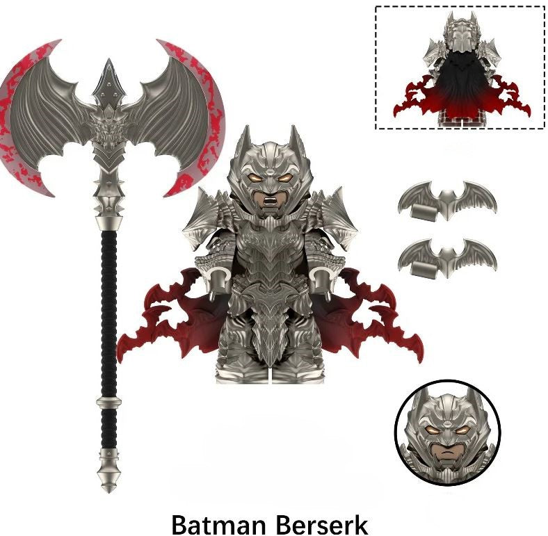 Batman Berserk Anime LEGO-compatible custom minifigure in dark armor with oversized double-bladed battle axe