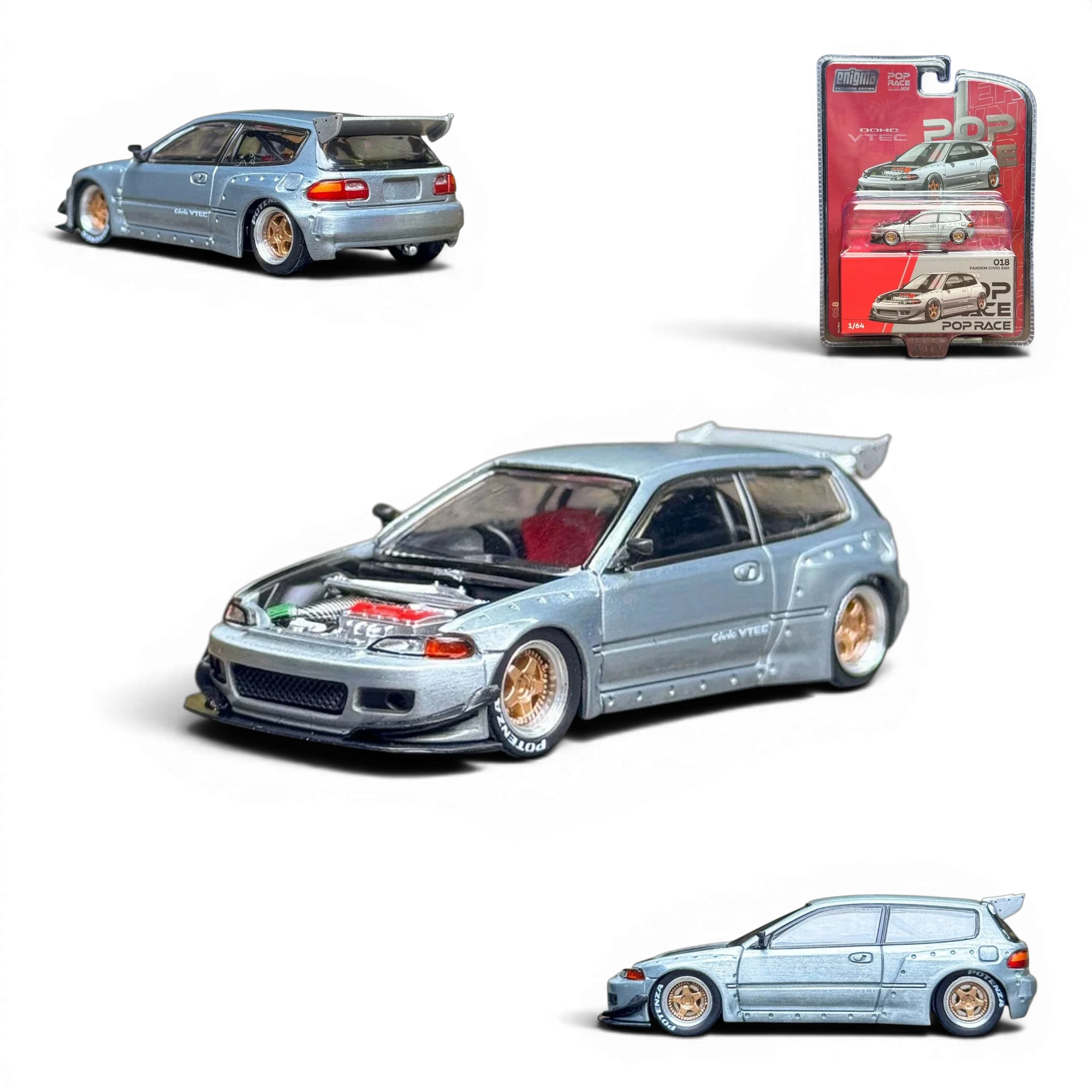 Pop Race Honda Civic EG6 Raw Metal 1:64 diecast model car with multiple exterior views