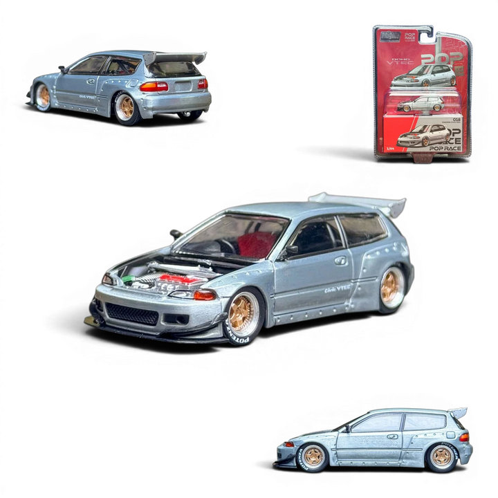 Pop Race Honda Civic EG6 Raw Metal 1:64 diecast model car with multiple exterior views