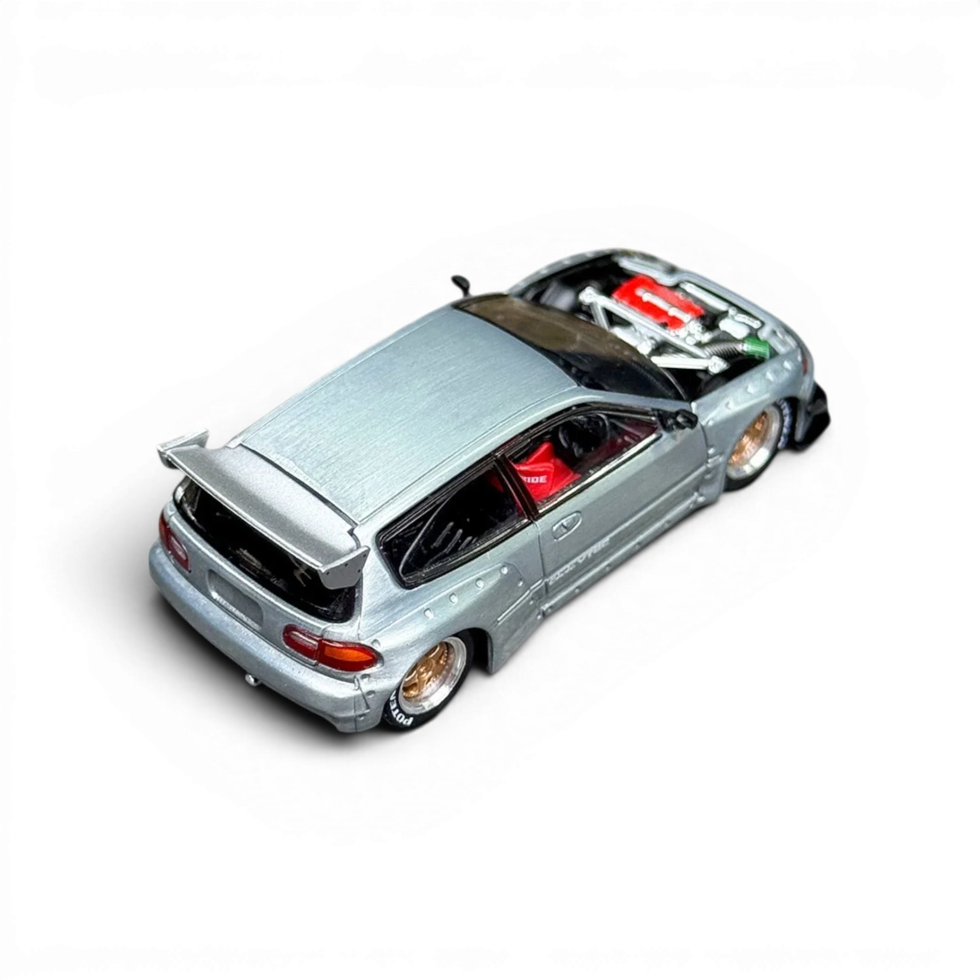Honda Civic EG6 Raw Metal 1:64 diecast model top three-quarter view by Pop Race