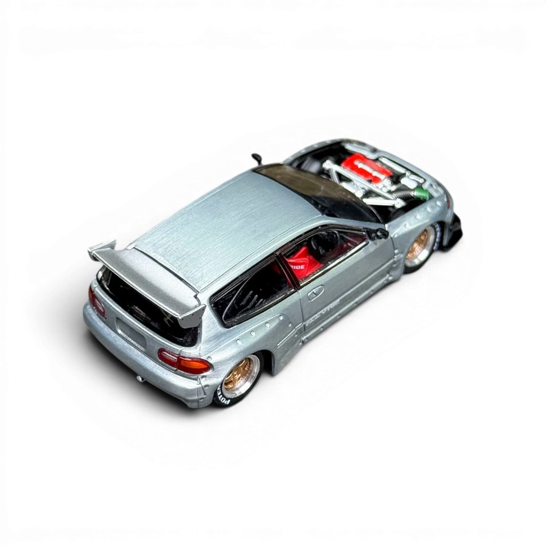 Honda Civic EG6 Raw Metal 1:64 diecast model top three-quarter view by Pop Race