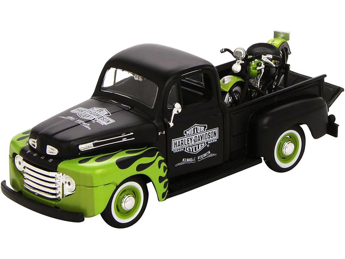 1948 Ford F-1 Pickup Truck "Harley Davidson" with 1948 Harley Davidson FL Panhead Motorcycle Black and Green 1/24 Diecast Models by Maisto-2