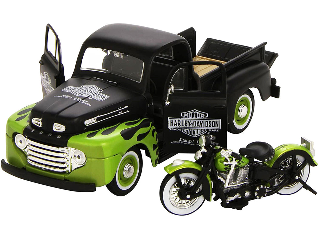 1948 Ford F-1 Pickup Truck "Harley Davidson" with 1948 Harley Davidson FL Panhead Motorcycle Black and Green 1/24 Diecast Models by Maisto-1