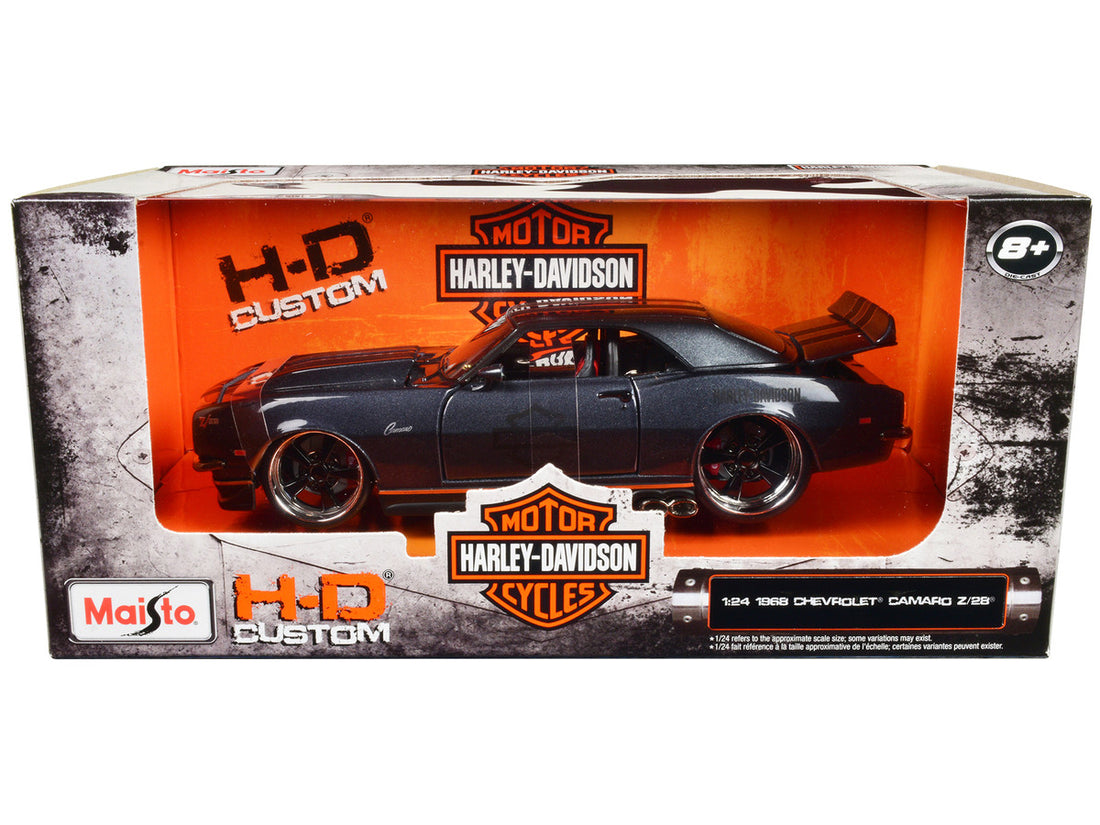 1968 Chevrolet Camaro Z/28 Dark Gray Metallic with Black and Orange Stripes "Harley Davidson" "H-D Custom" 1/24 Diecast Model Car by Maisto-0