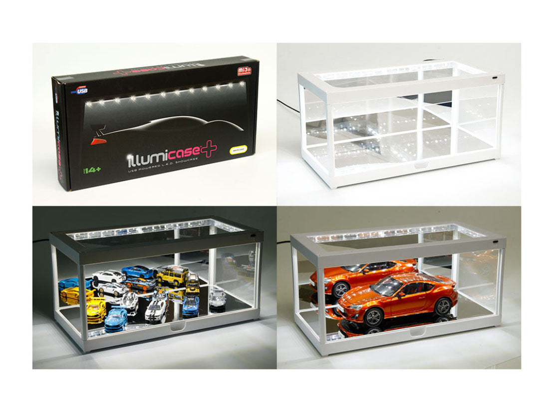 White Collectible Display Show Case Illumicase+ with LED Lights and Mirror Base and Back for 1/64 1/43 1/32 1/24 1/18 Scale Models by Illumibox 2