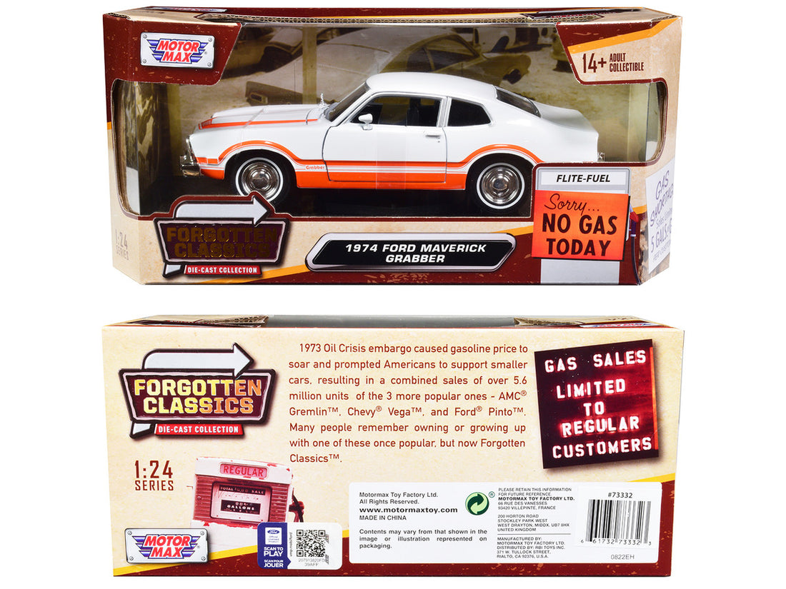 1974 Ford Maverick Grabber White with Orange Stripes "Forgotten Classics" Series 1/24 Diecast Model Car by Motormax-2