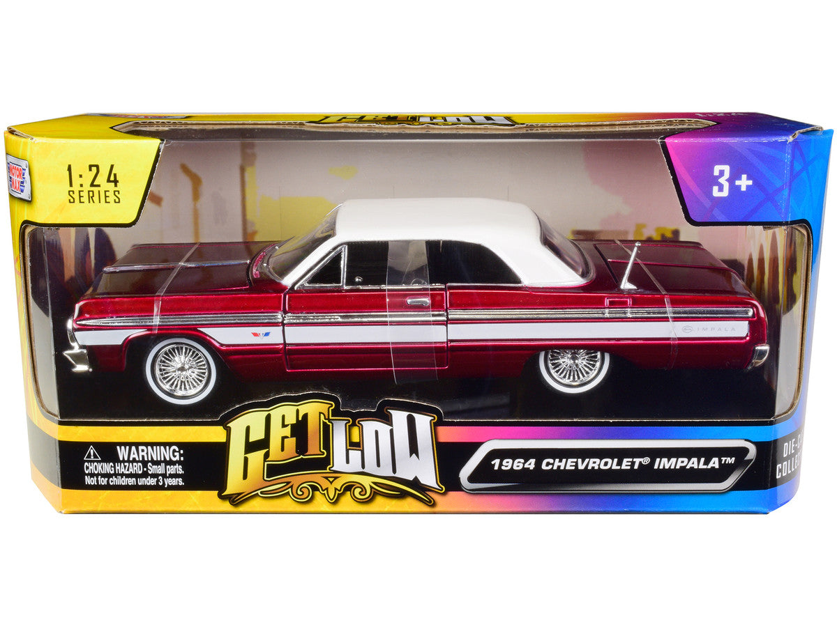 1964 Chevrolet Impala Lowrider Hard Top Candy Red Metallic with White Top "Get Low" Series 1/24 Diecast Model Car by Motormax-2