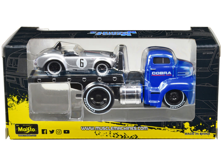 1950 Ford COE Flatbed Truck Blue "Cobra Powered by Ford" and 1964 Shelby Cobra #6 Silver Metallic with Stripes "Muscle Transports" Series 1/64 Diecast Model Cars by Muscle Machines-0