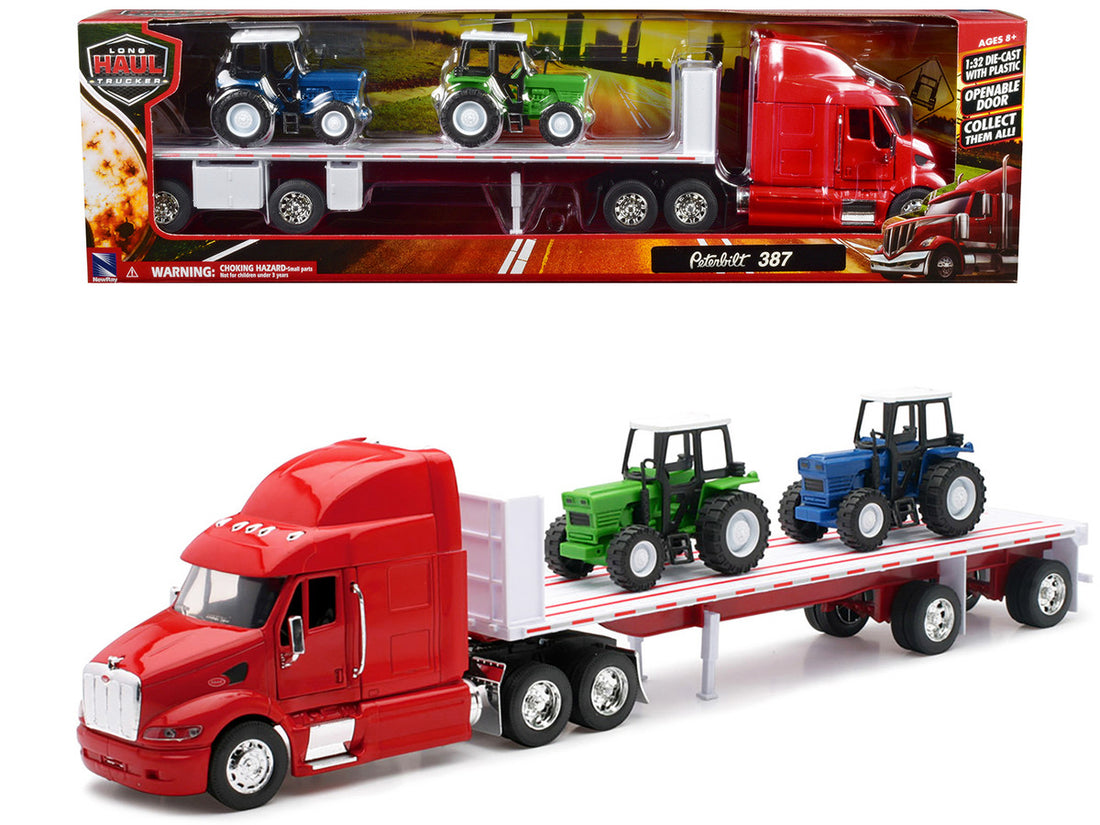 Peterbilt 387 Flatbed Truck Red with 2 Farm Tractors Blue and Green "Long Haul Trucker" Series 1/32 Diecast Model by New Ray-0