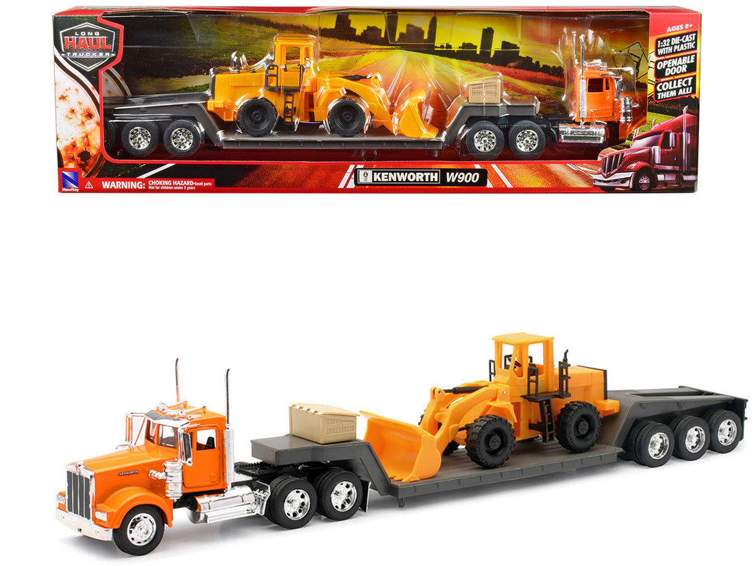 Kenworth W900 Truck with Lowboy Trailer Orange and Wheel Loader Yellow "Long Haul Trucker" Series 1/32 Diecast Model by New Ray-0