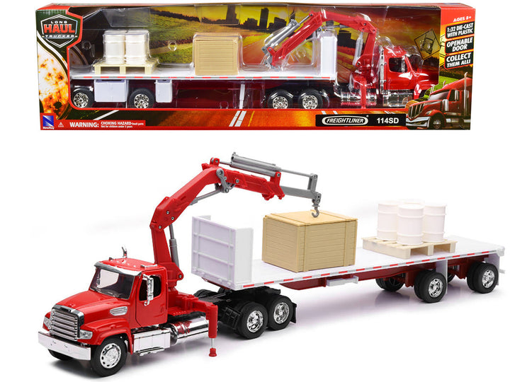 Freightliner 114SD Flatbed Truck with Crane Red with Accessories "Long Haul Trucker" Series 1/32 Diecast Model by New Ray-0