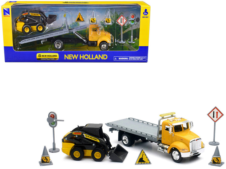 Peterbilt Roll-Off Flatbed Truck Yellow and New Holland L228 Skid Steer Yellow with Road Signs "New Holland Construction" Series 1/43 Diecast Model by New Ray-0
