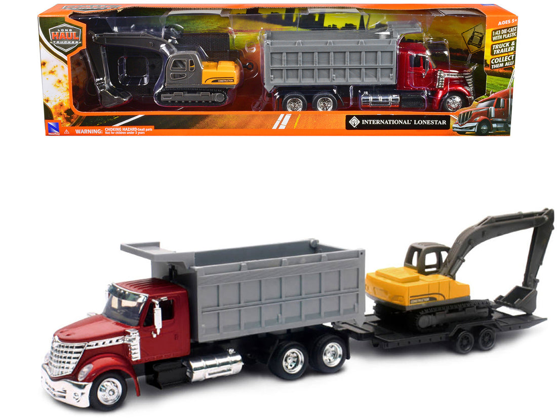International Lonestar Dump Truck Red and Tracked Excavator Yellow with Flatbed Trailer "Long Haul Truckers" Series 1/43 Diecast Model by New Ray-0