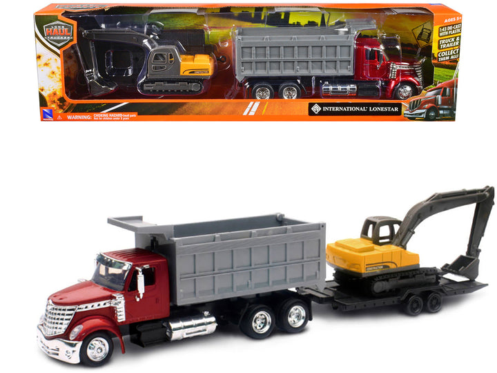 International Lonestar Dump Truck Red and Tracked Excavator Yellow with Flatbed Trailer "Long Haul Truckers" Series 1/43 Diecast Model by New Ray-0