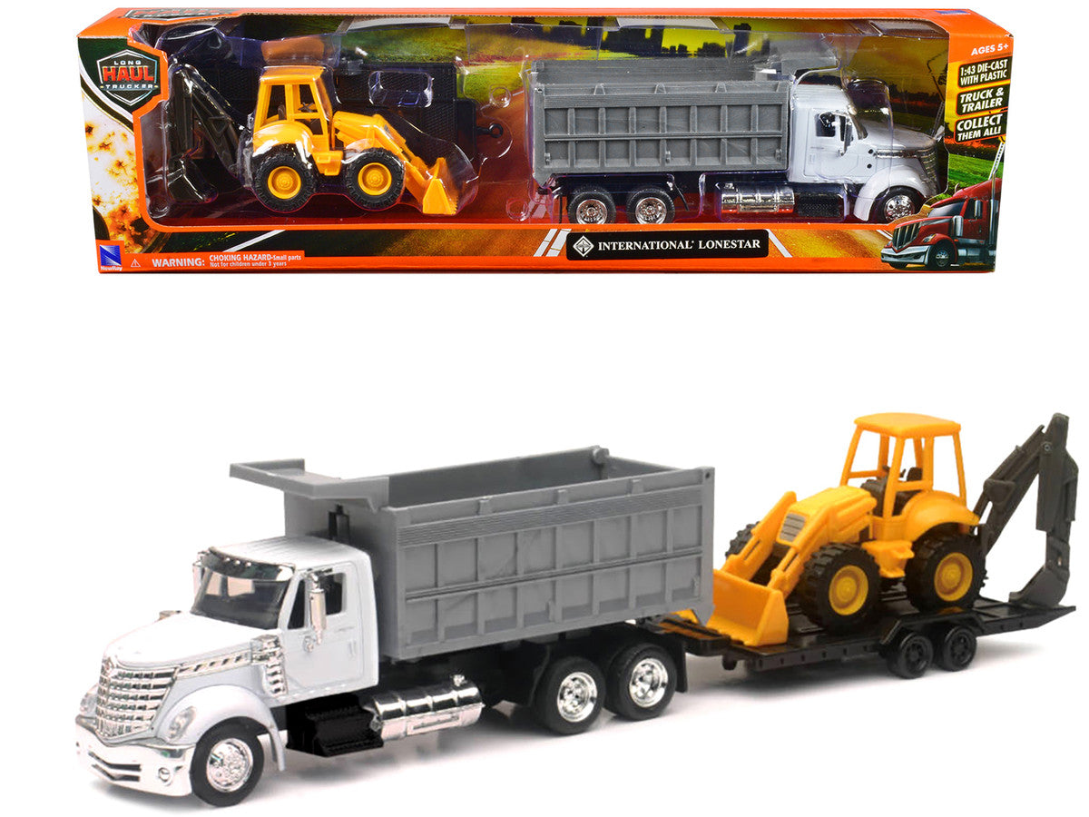 International Lonestar Dump Truck White and Wheel Loader Yellow with Flatbed Trailer "Long Haul Truckers" Series 1/43 Diecast Model by New Ray-0