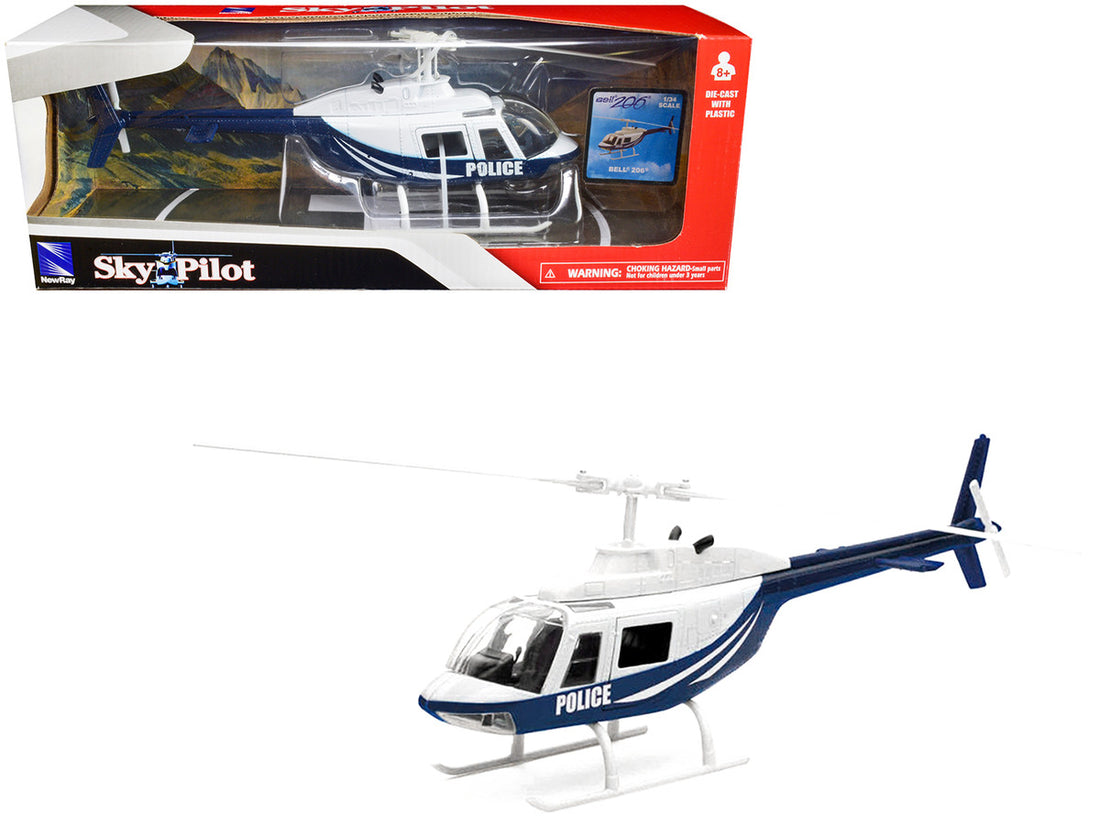 Bell 206 Helicopter Dark Blue and White "Police" "Sky Pilot" Series 1/34 Diecast Model by New Ray-0