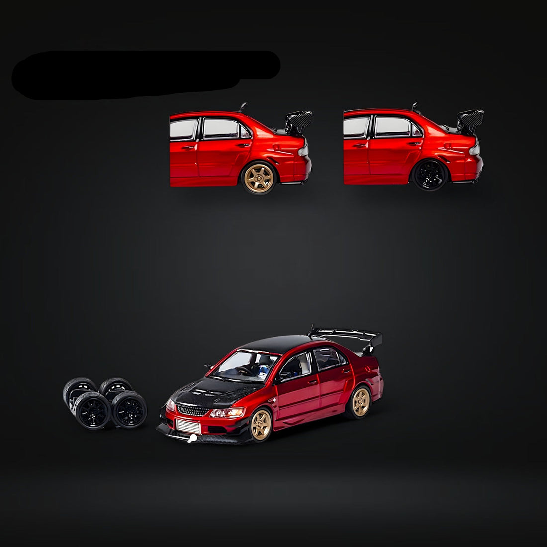 CM Model Mitsubishi Lancer Evolution IX Widebody Metallic Red Carbon Hood 1:64 - 3