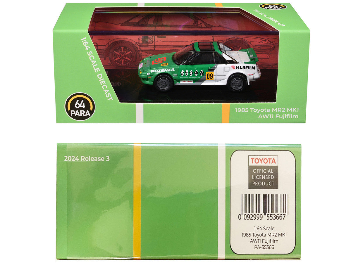 1985 Toyota MR2 MK1 AW11 #09 "Fujifilm" Green and White 1/64 Diecast Model Car by Paragon Models-1