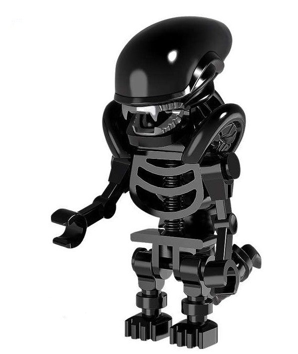 Alien Xenomorph LEGO-compatible custom minifigure with elongated black head and biomechanical body