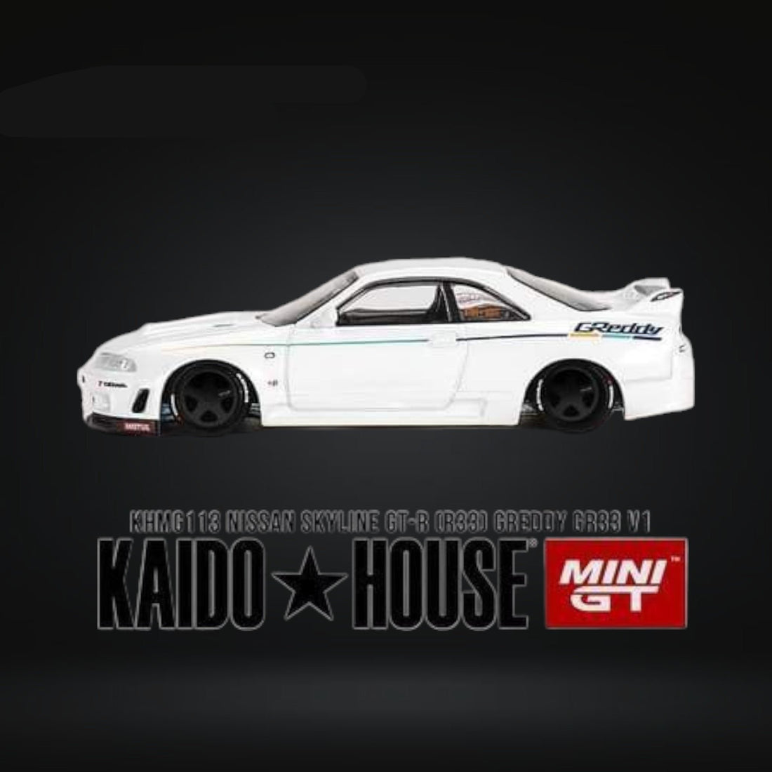 Nissan Skyline GT-R R33 GREDDY V1 in White 1:64 by Mini GT x Kaido House KHMG113 Side View