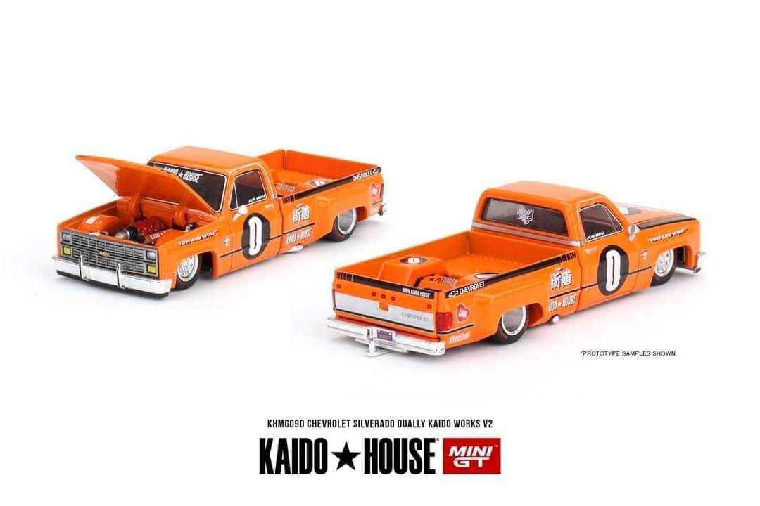 Chevrolet Silverado DUALLY KAIDO V2 Orange 1:64 by Mini GT KHMG090 Open Hood View