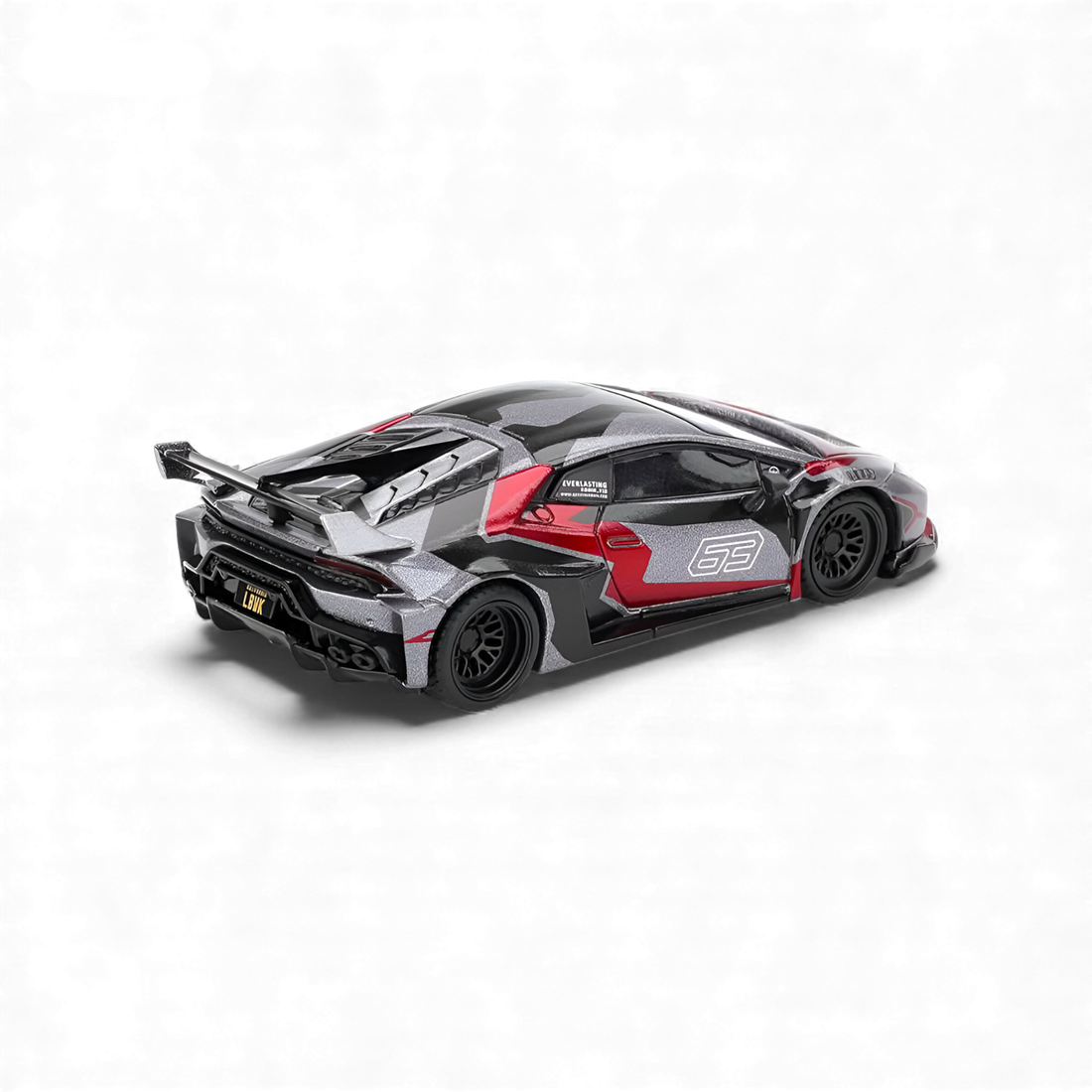 Rear three-quarter view of the Mini GT Lamborghini Huracán GT RONIN 1:64 diecast model showcasing the race-inspired rear wing, diffuser, and premium detailing.