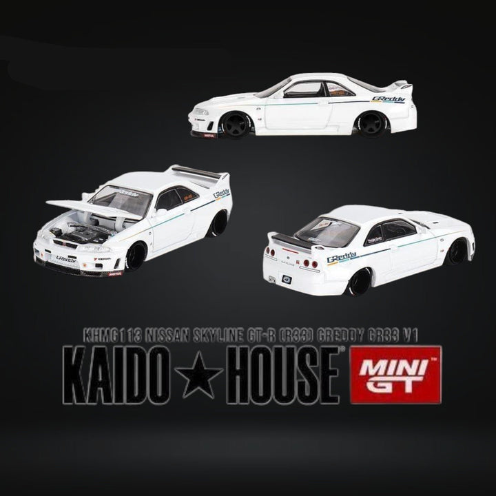 Nissan Skyline GT-R R33 GREDDY V1 in White 1:64 by Mini GT x Kaido House KHMG113