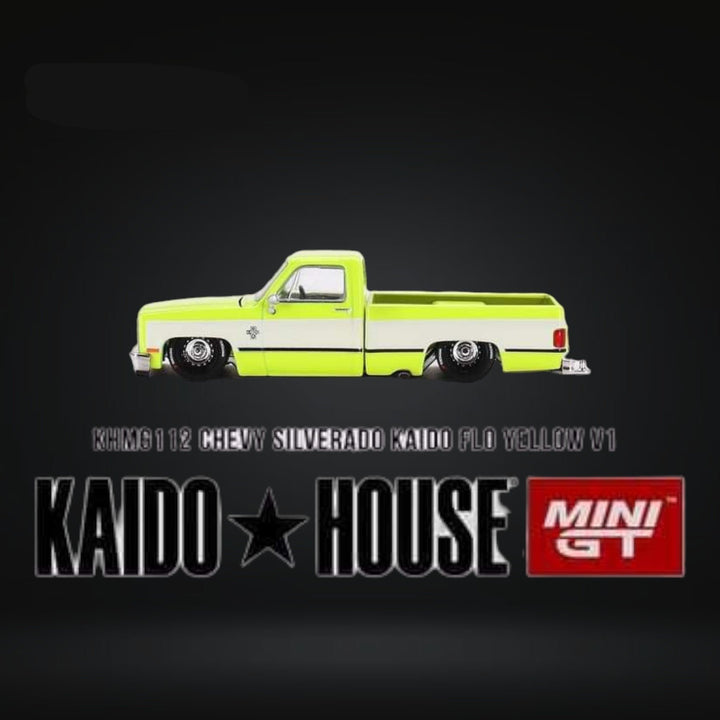 Chevrolet Silverado FLO YELLOW 1:64 by Mini GT x Kaido House KHMG112 Side View