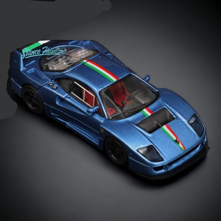 Ferrari F40 LM Italian Stripe Blue 1:64 by Stance Hunters Top Front View