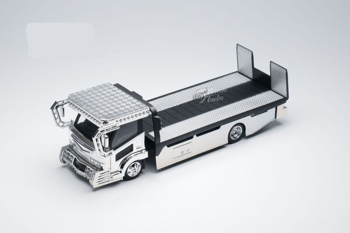 Dekotora Flatbed Tow Truck With Stickers 1:64 by MicroTurbo Front Angle View