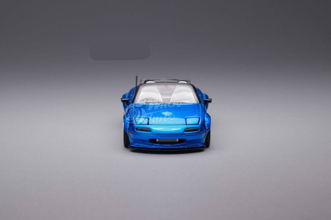 Eunos Roadster RHD Rocket Bunny Widebody Customized Metallic Blue 1:64 by MicroTurbo Front View 2