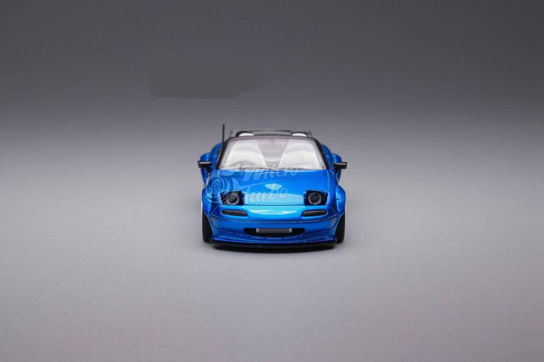 Eunos Roadster RHD Rocket Bunny Widebody Customized Metallic Blue 1:64 by MicroTurbo Front View