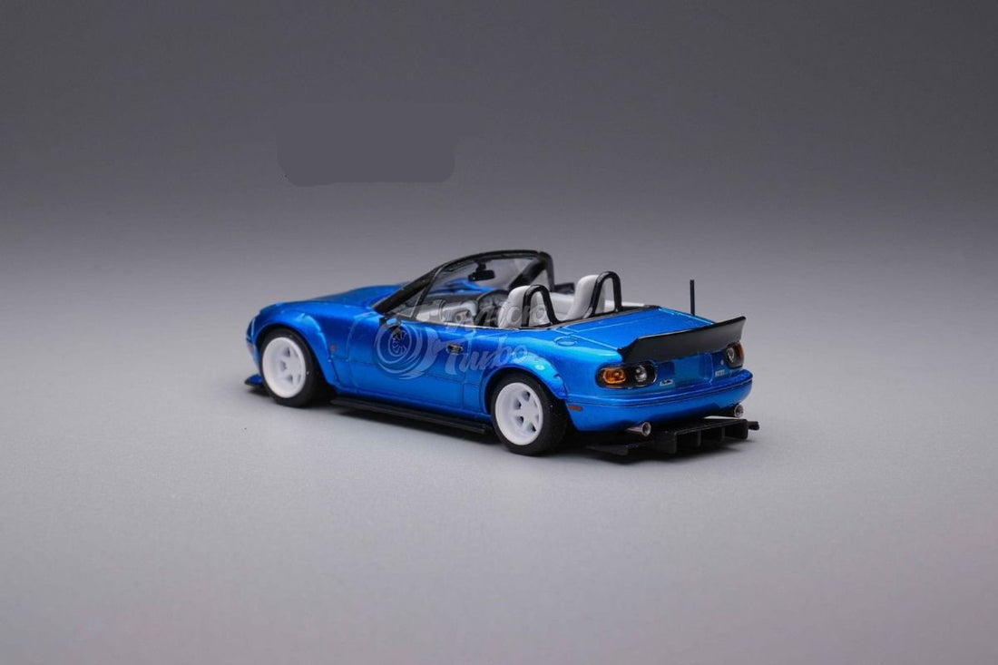 Eunos Roadster RHD Rocket Bunny Widebody Customized Metallic Blue 1:64 by MicroTurbo Angled Side View